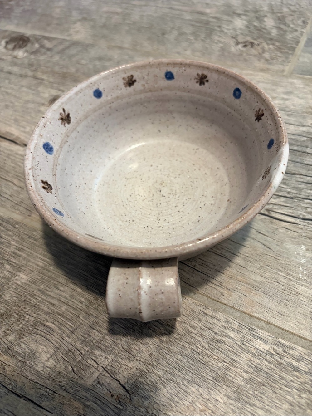 NWOT Hand thrown Speckled Earthenware  Soup Bowl with Blue Dot Accent